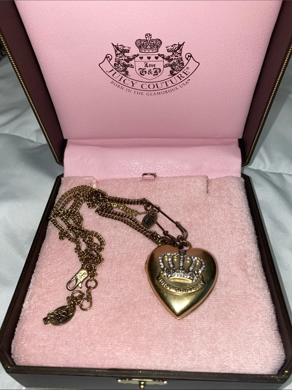 Vintage Juicy Couture Gold Heart Necklace with Crown and Crystal Accents